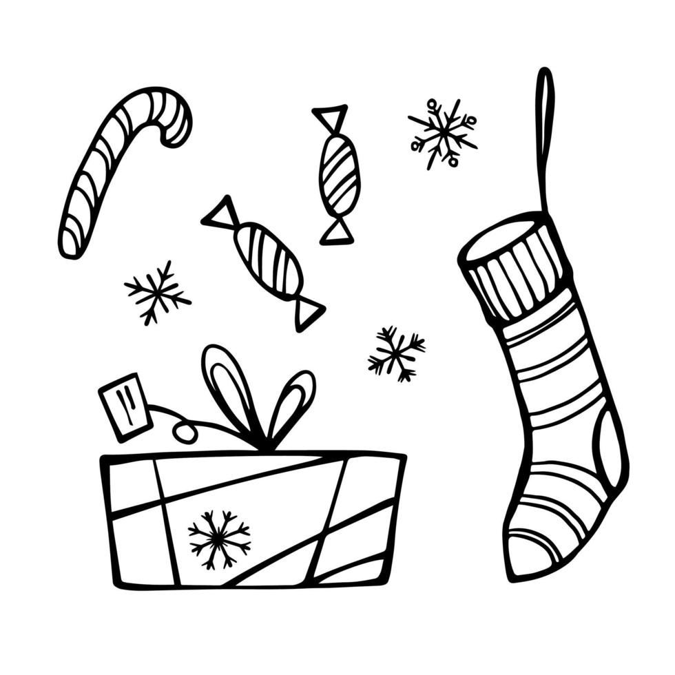 Christmas stocking, gift box, candy doodle black and white illustrations vector