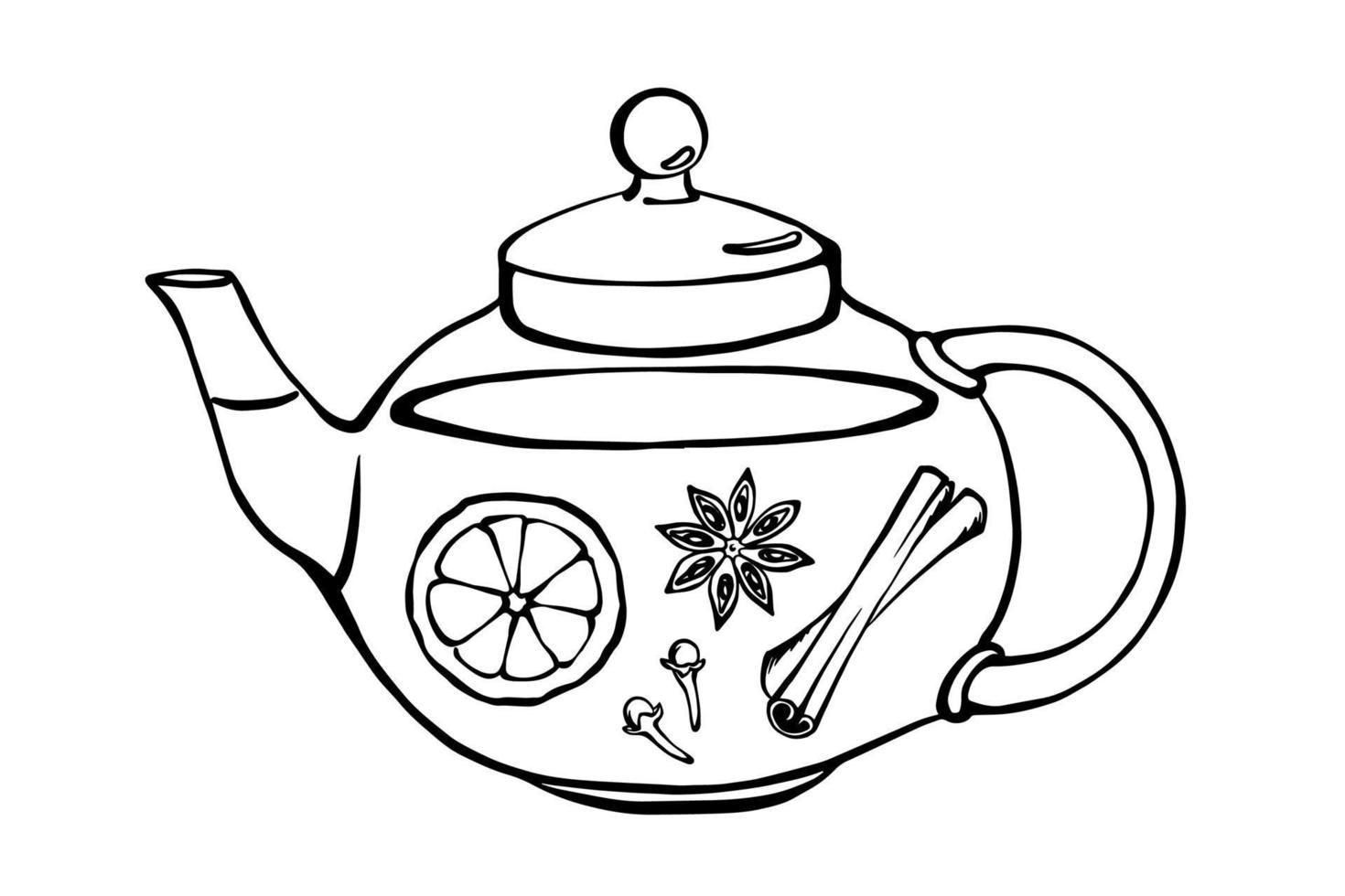 Tea pot with tea ingredients inside. Orange slice, cinnamon, carnation, anise. Hand drawn vector doodle tea recipe design.