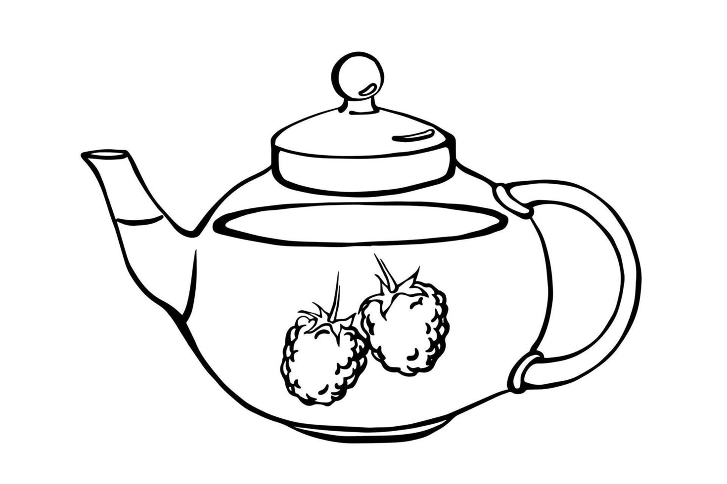 tetera de cristal con frambuesas dentro. elemento de diseño de té de frambuesa. dibujo de tinta en blanco y negro de contorno vectorial. vector