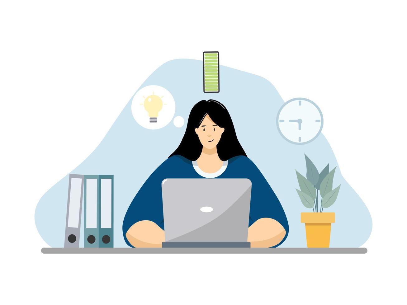 mujer que trabaja en la computadora en la oficina., gerente femenina con computadora portátil, ilustración plana de vector de negocios.