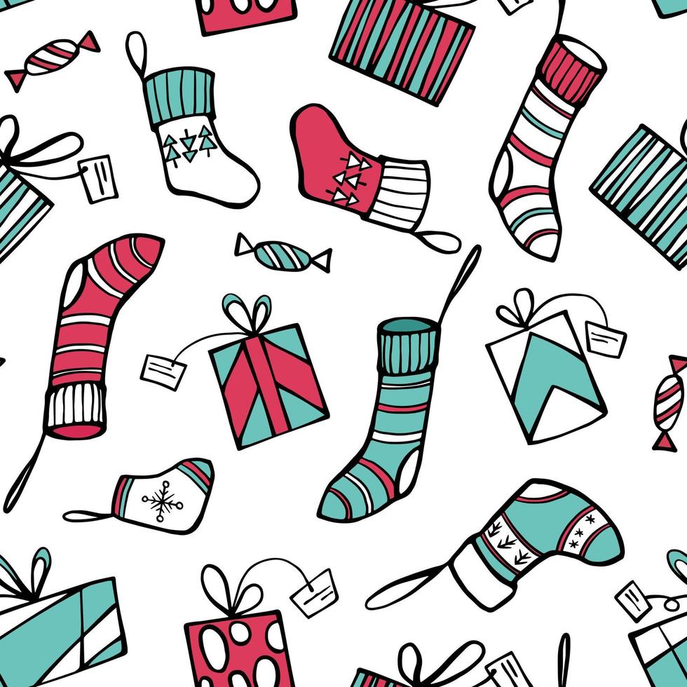 Christmas stockings and presents seamless pattern. Red and mint colors doodle endless background, wrapping paper design. vector