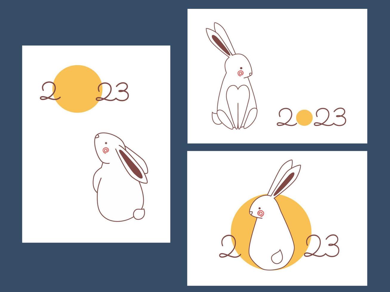 Outline rabbit and moon New Year 2023 card or calendar cover designs set with hand drawn style numbers. vector