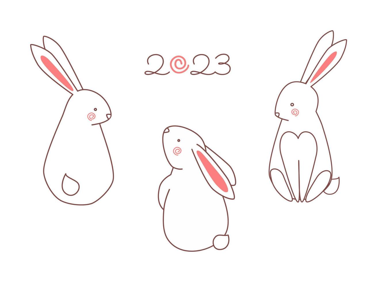 Three sitting rabbits. Doodle outline vector drawing set. 2023 New Year lunar calendar symbol .