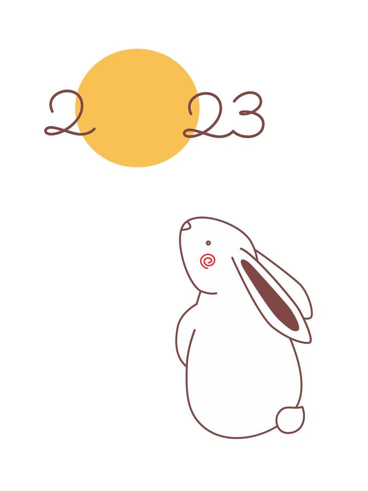 conejo blanco mirando a la luna. diseño de tarjeta de felicitación de año nuevo 2023 de estilo dibujado a mano. vector