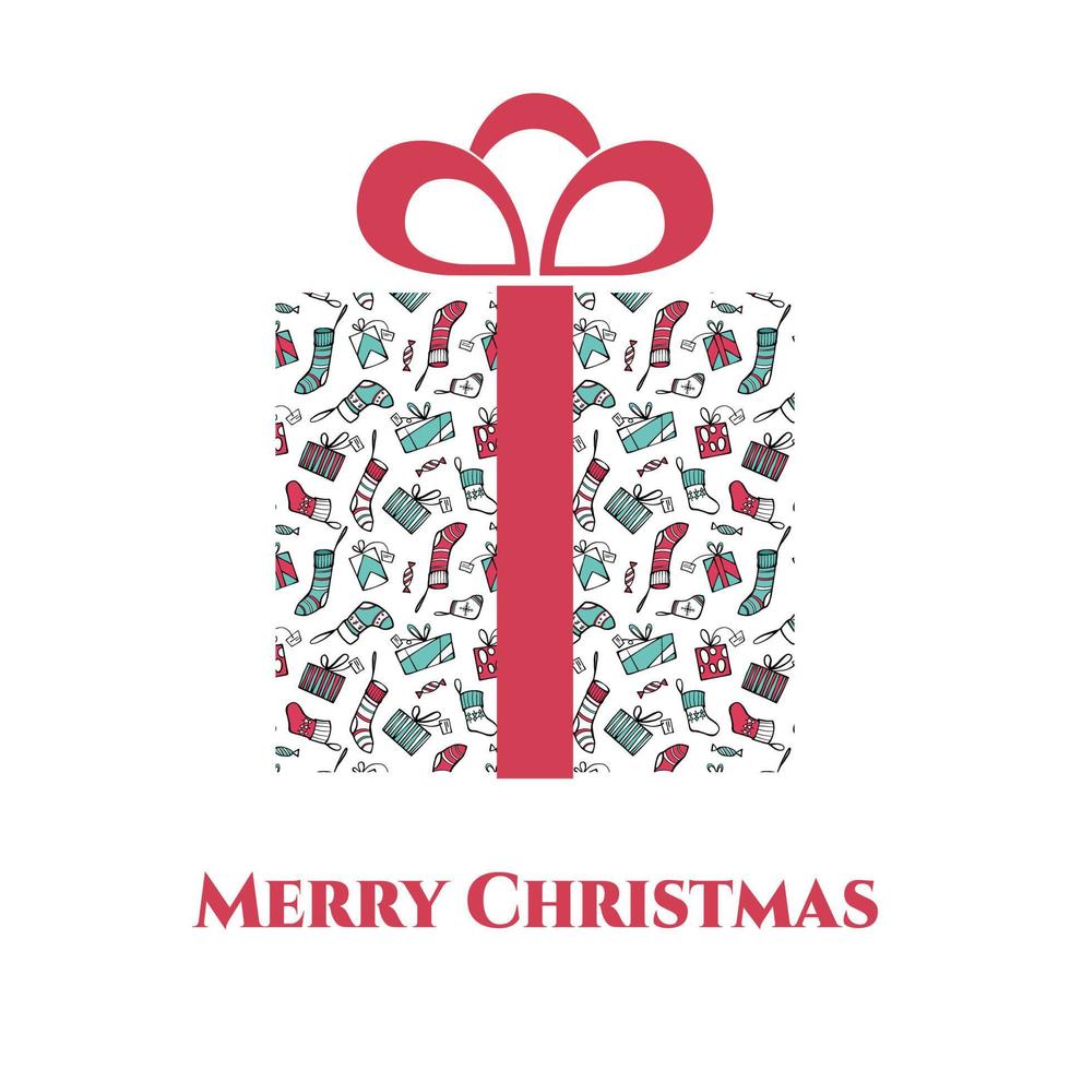 Merry Christmas gift box with ribbon greeting card template in red and green colors. vector