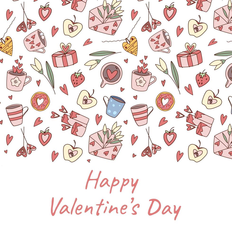 Valentine's Day card cover design template. Pink doodle elements pattern border on white background. vector