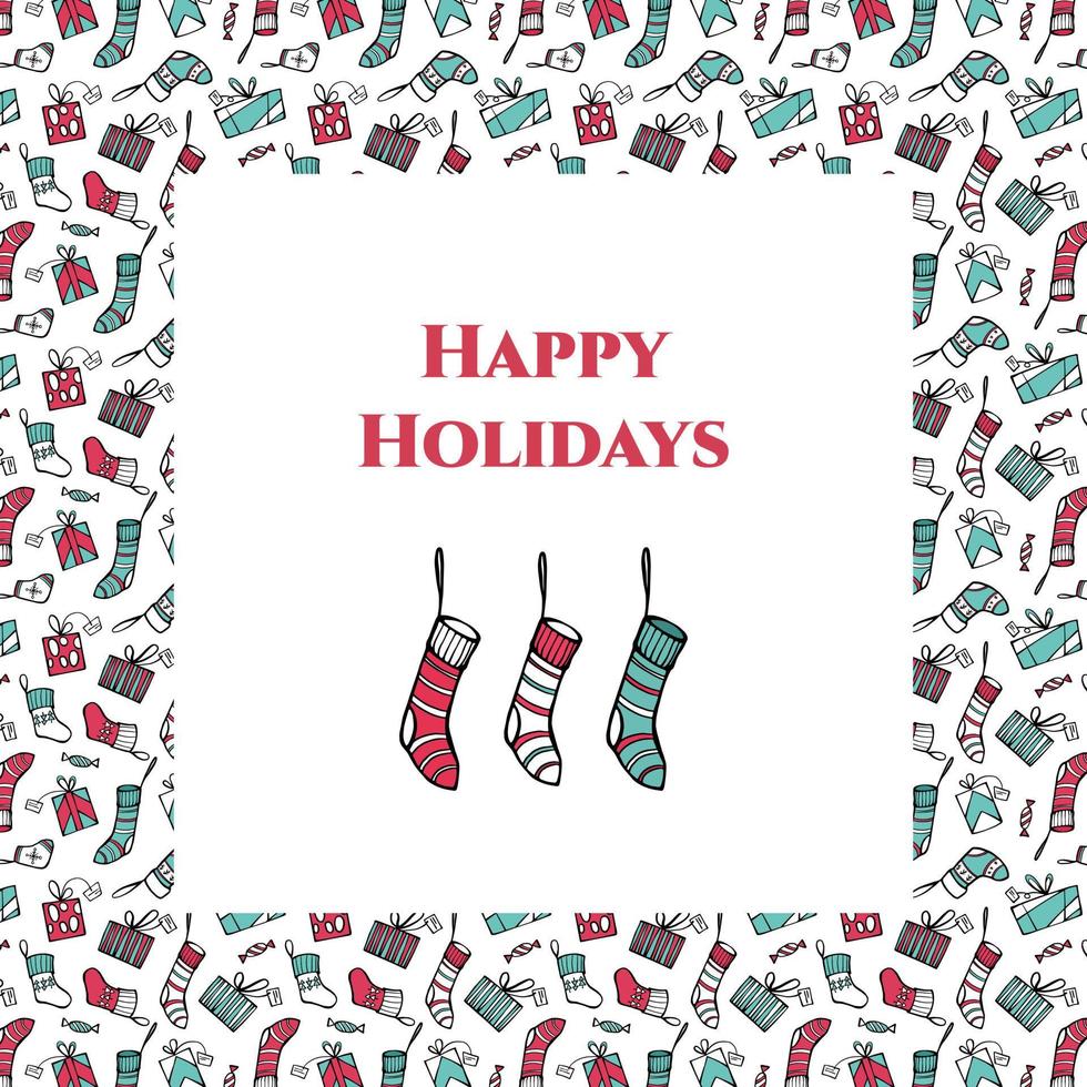 Merry Christmas and Happy Holidays greeting card cover template. Square frame with doodle stockings and presents in red and mint green colors on white background. vector