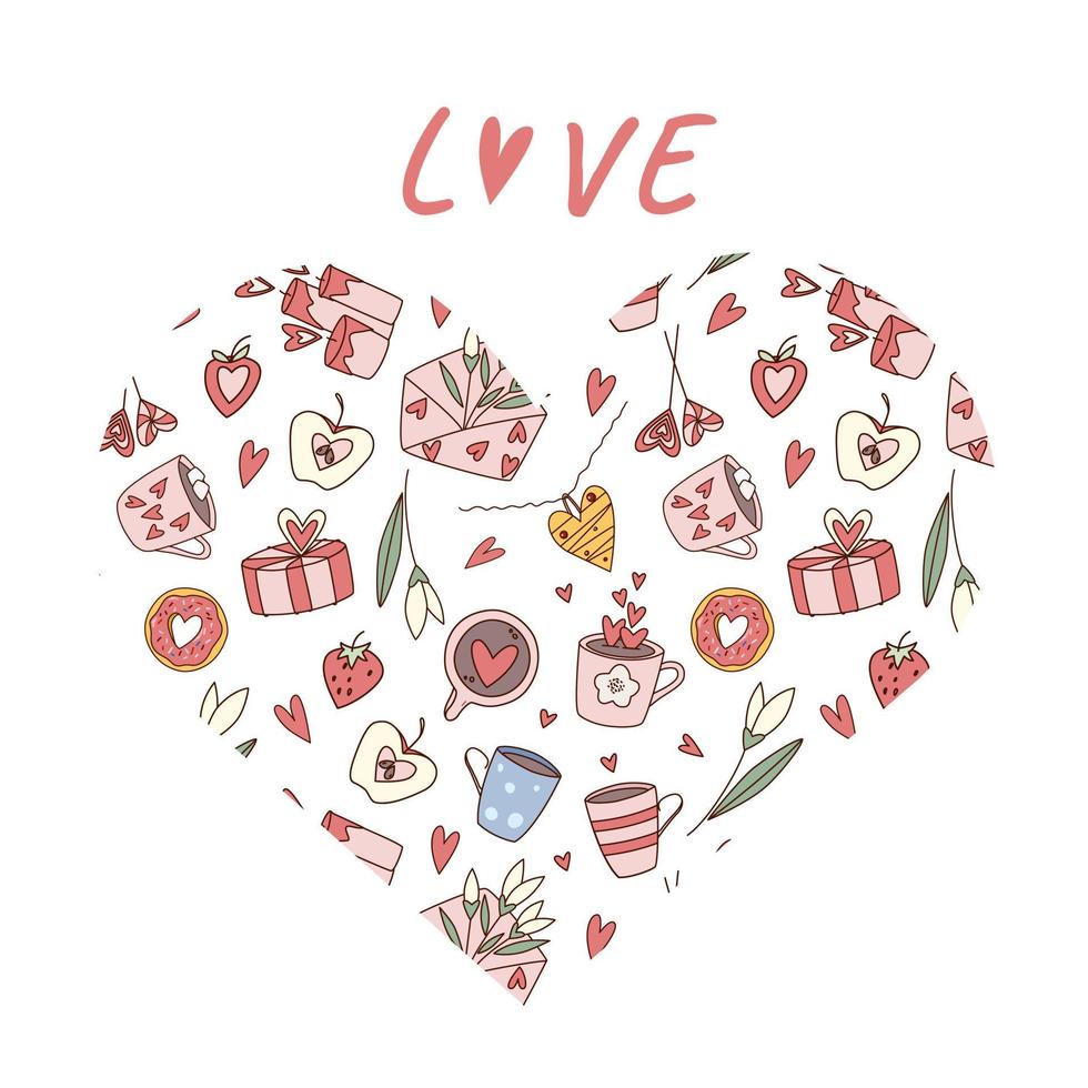 Happy Valentine's Day heart shape greeting card design with. Pale pink doodle elements on white background. Sweet food, flowers, cups with coffee. vector