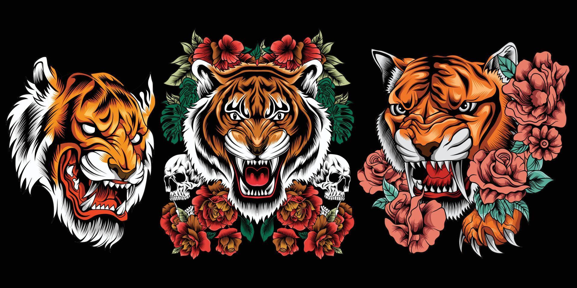 Collection of tiger head illustration with roses around vector