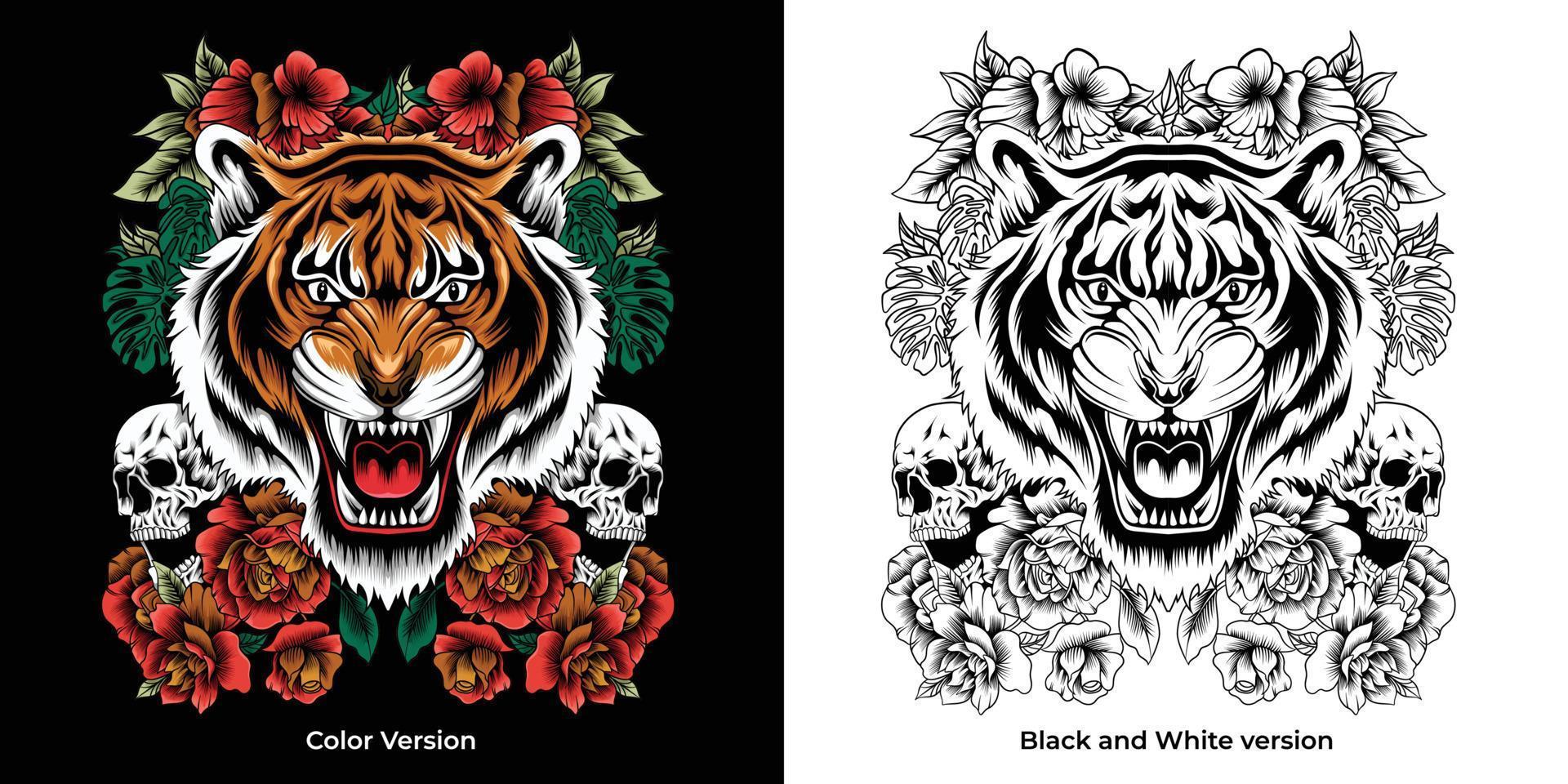 ilustración de tigre con calavera y rosas alrededor para prendas de vestir y otros usos vector