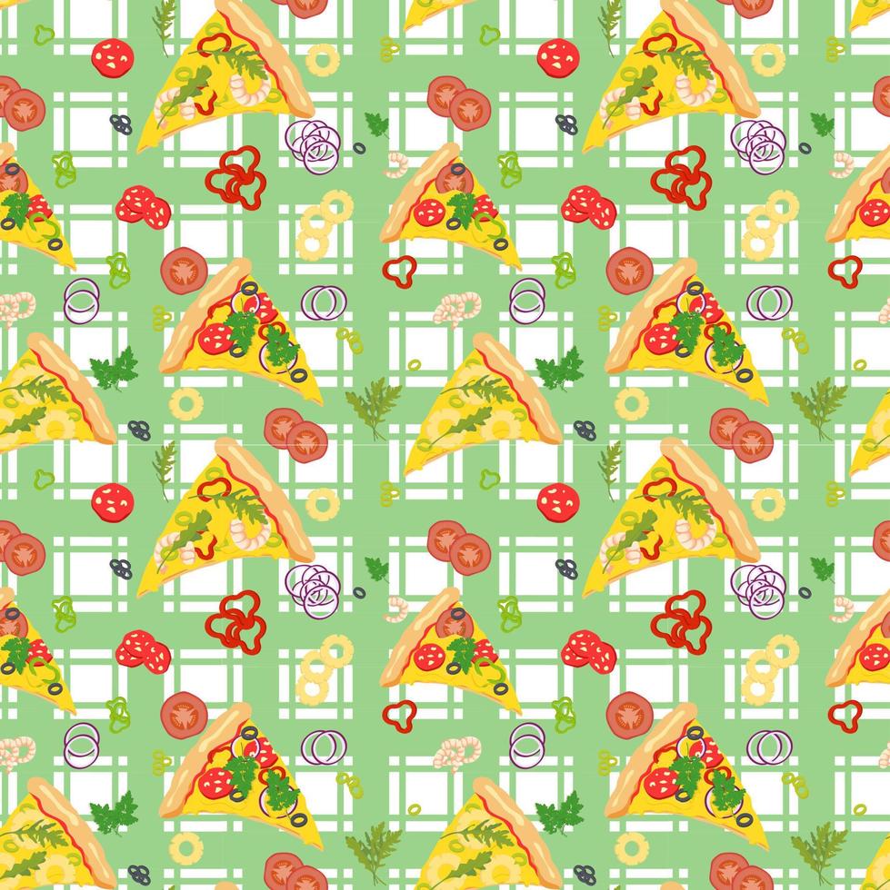 Seamless background with pizza slices and ingredients. vector
