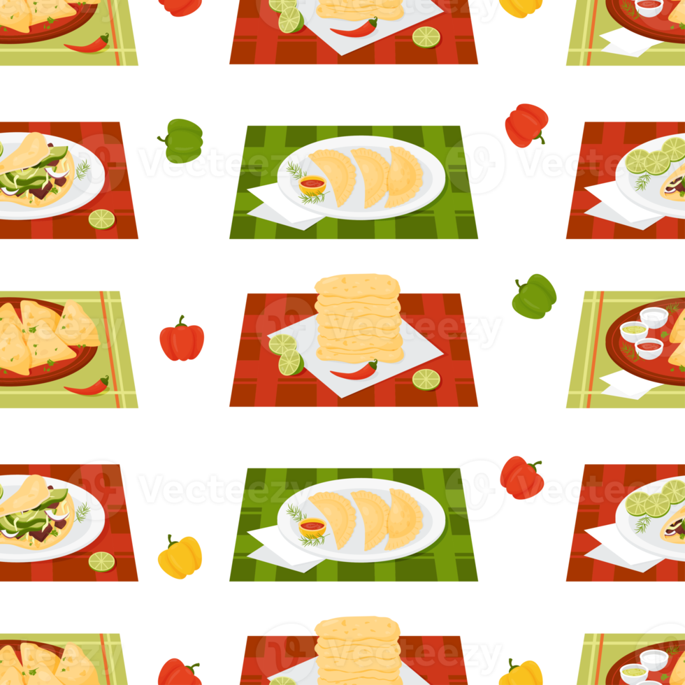 Seamless pattern with Mexican food Quesadilla, Tacos, Empanadas and corn tortillas in plates on tablecloth png