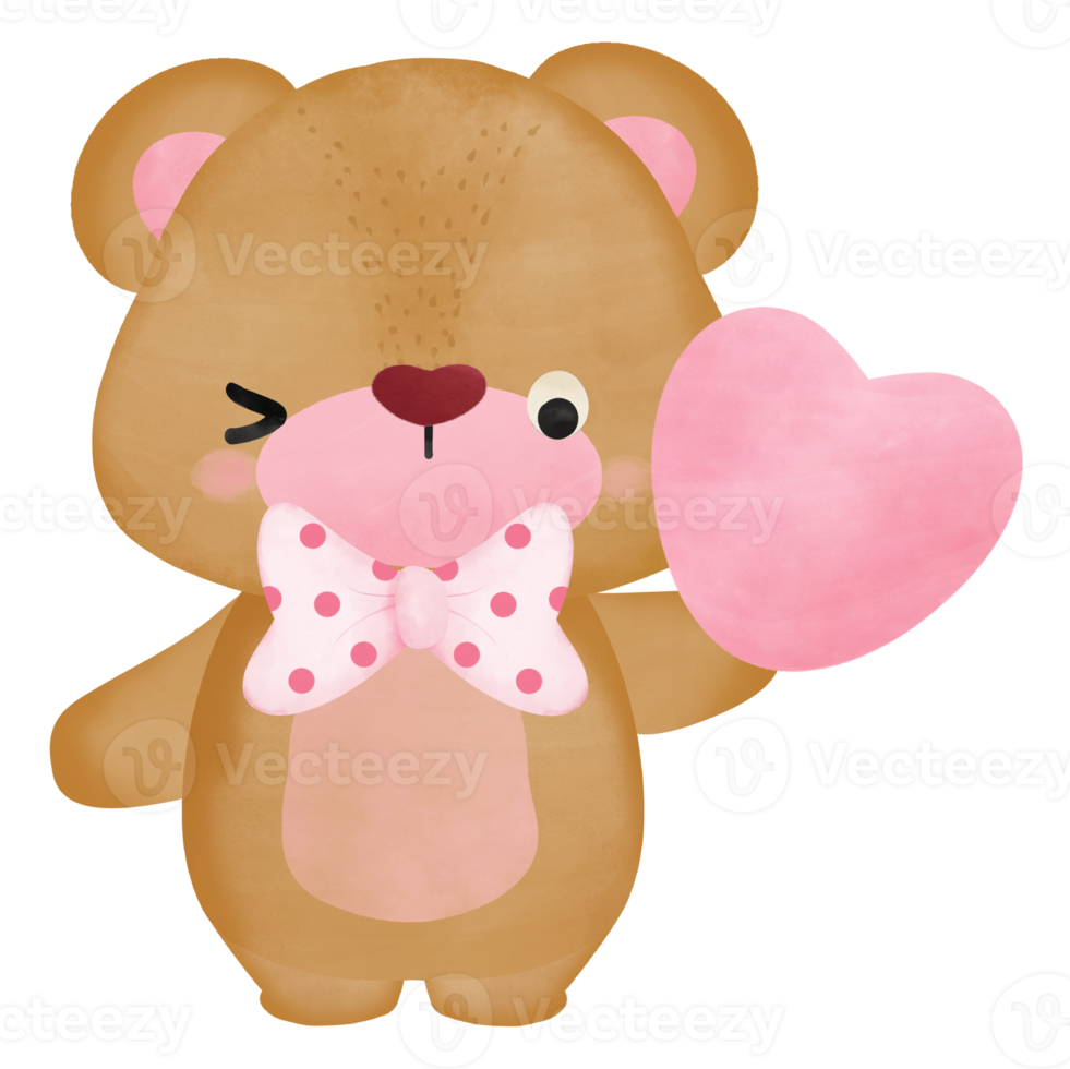 adorable brown bear with pink heart watercolor valentines theme png