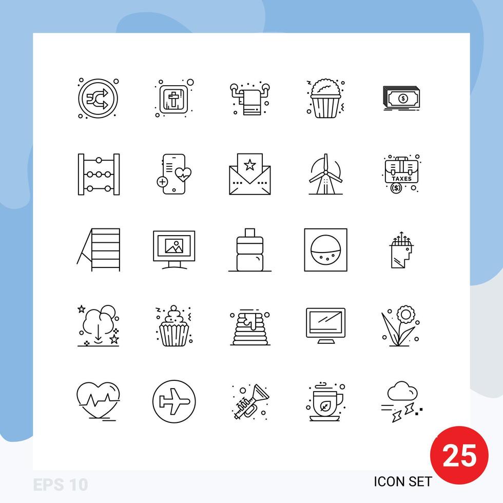 Universal Icon Symbols Group of 25 Modern Lines of transfer money housekeeping food popcorn Editable Vector Design Elements