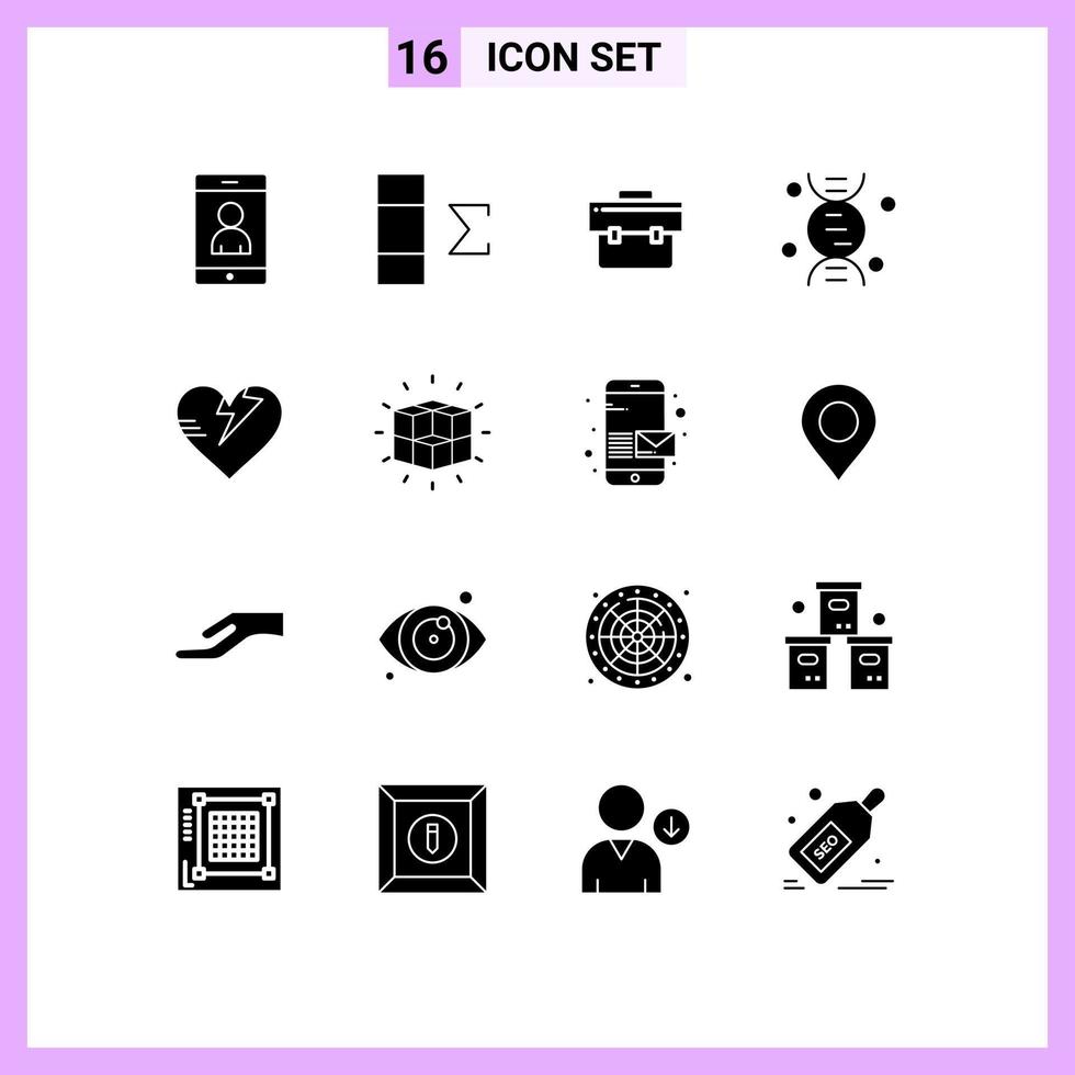 16 Thematic Vector Solid Glyphs and Editable Symbols of labyrinth care business heart science Editable Vector Design Elements
