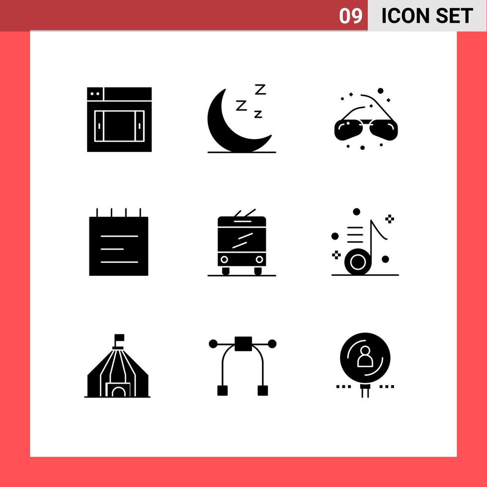 Group of 9 Solid Glyphs Signs and Symbols for music trolley bus view trolley school Editable Vector Design Elements