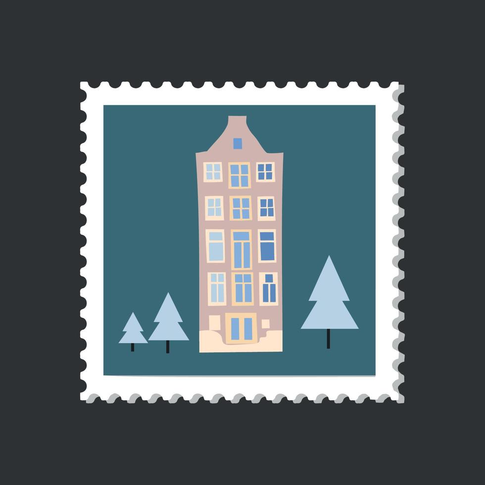 Winter architecture Amsterdam cozy and cute house postage stamp on a blue background. vector