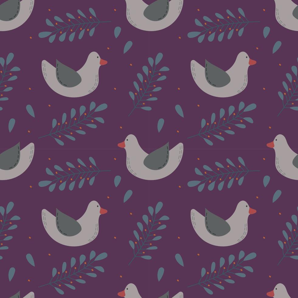 Hand drawn cute bird seamless pattern isolated on purple background. vector