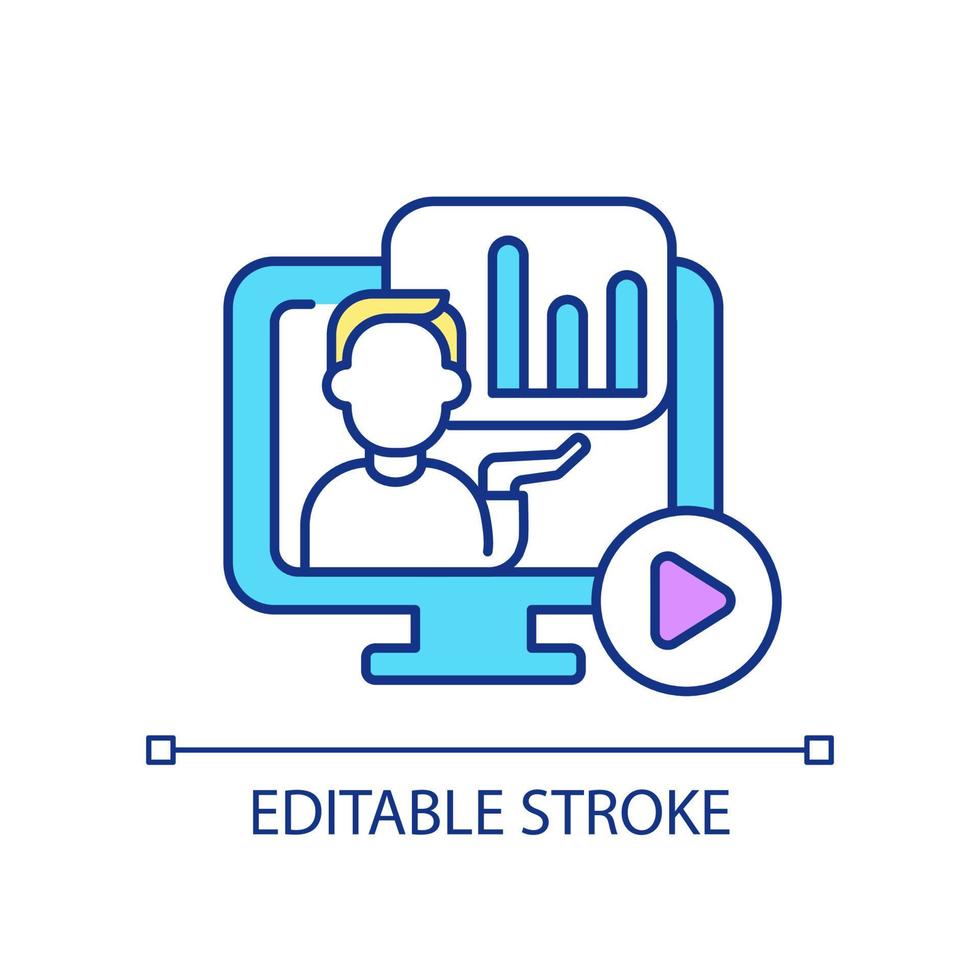 Watching video about financial analysis RGB color icon. Business analytics course. Accounting online program. Isolated vector illustration. Simple filled line drawing. Editable stroke.