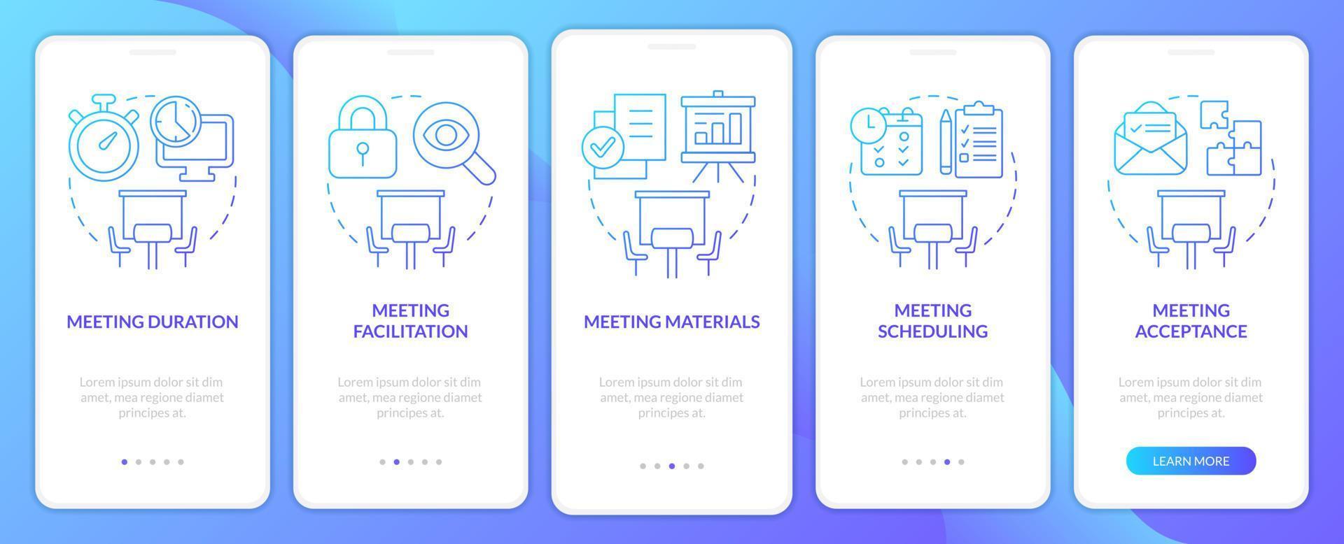 cumplir con las normas pantalla de la aplicación móvil de incorporación de degradado azul. Tutorial de conferencia de negocios Instrucciones gráficas de 5 pasos con conceptos lineales. interfaz de usuario, ux, plantilla de interfaz gráfica de usuario. vector