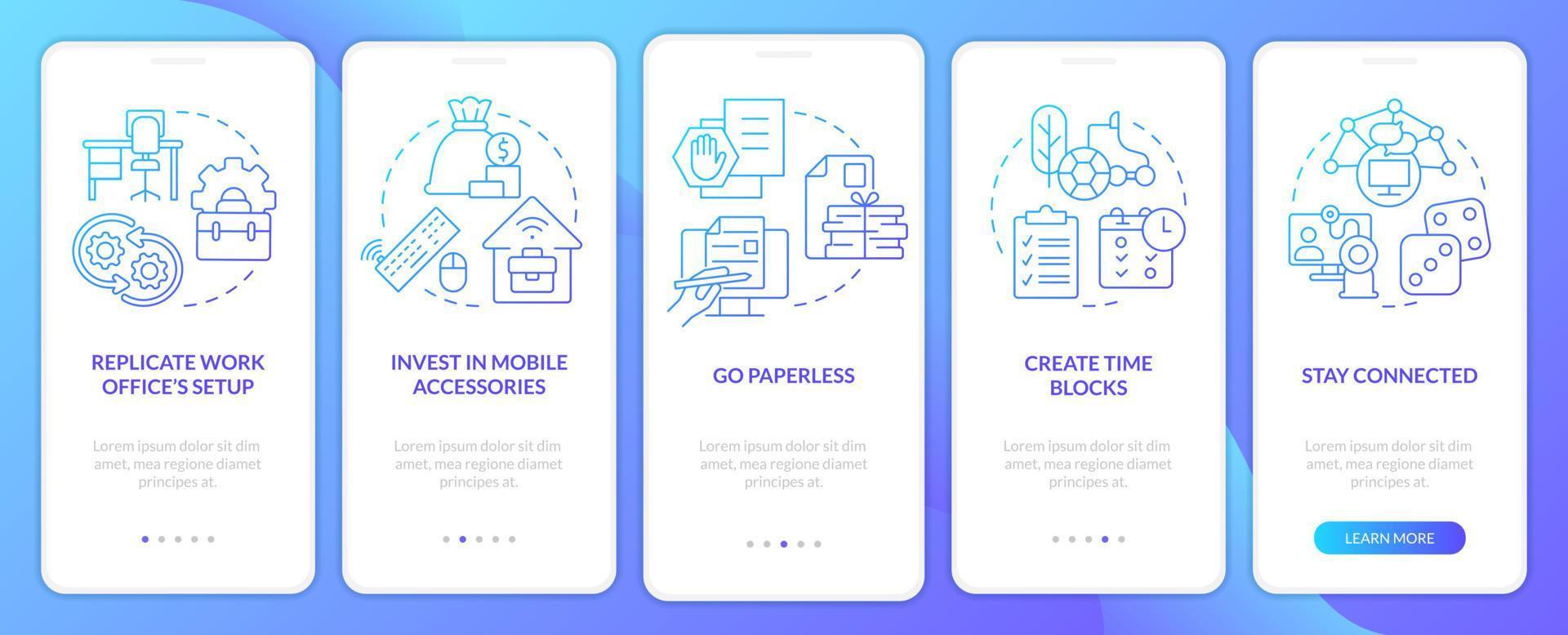 Remote work productivity tips blue gradient onboarding mobile app screen. Walkthrough 5 steps graphic instructions with linear concepts. UI, UX, GUI template. vector