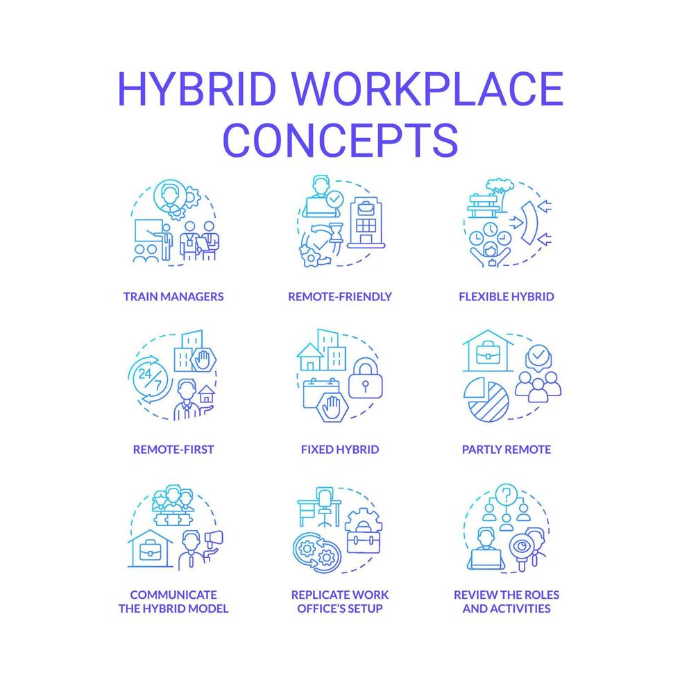 Hybrid workplace blue gradient concept icons set. Remote and in office work shifts. Flexible schedule idea thin line color illustrations. Isolated symbols. vector