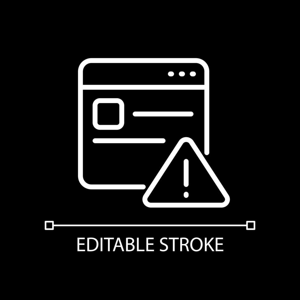 Website error white linear icon for dark theme. Webpage broken. Network connection failed. Server issue. Thin line illustration. Isolated symbol for night mode. Editable stroke. vector