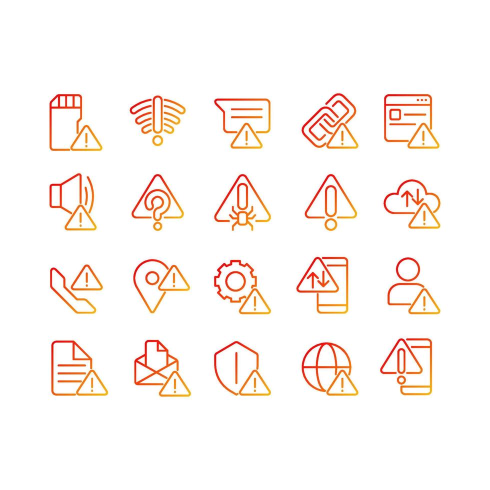 Warning signals pixel perfect gradient linear vector icons set. Problem and issue. Isolated vector illustrations. Thin line contour symbol designs bundle. Isolated outline illustrations collection