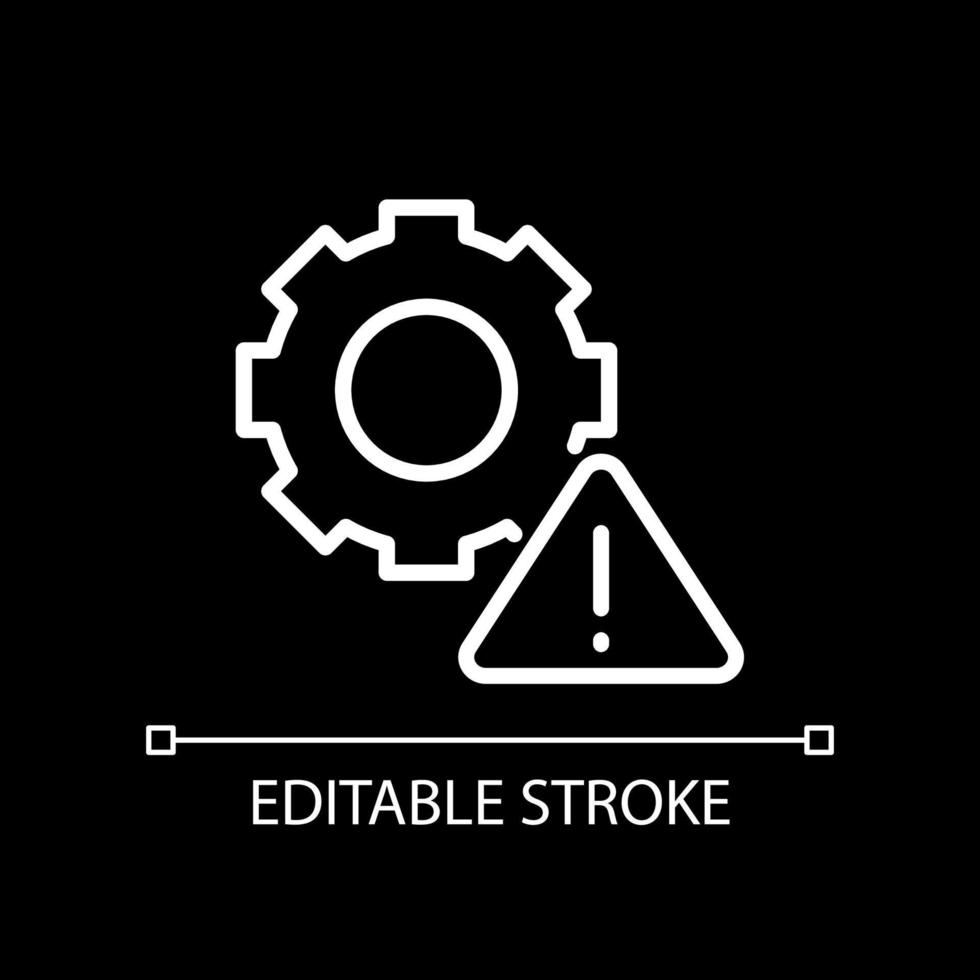 Technical warning white linear icon for dark theme. Program settings issue. Device configuration problem. Thin line illustration. Isolated symbol for night mode. Editable stroke. vector