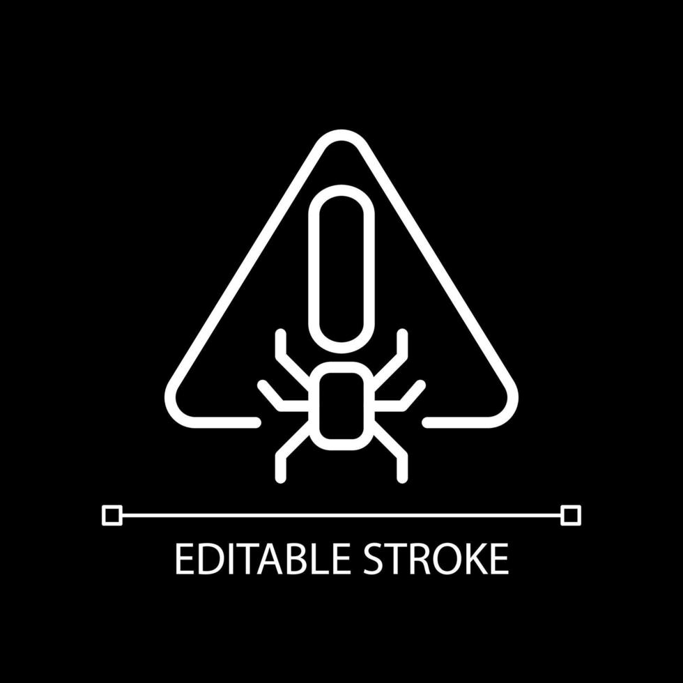 Virus warning white linear icon for dark theme. Malicious software. Antivirus program precaution. Thin line illustration. Isolated symbol for night mode. Editable stroke. vector