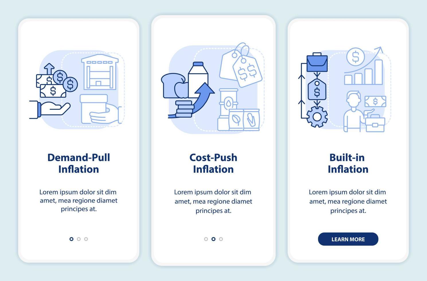 Inflation types light blue onboarding mobile app screen vector