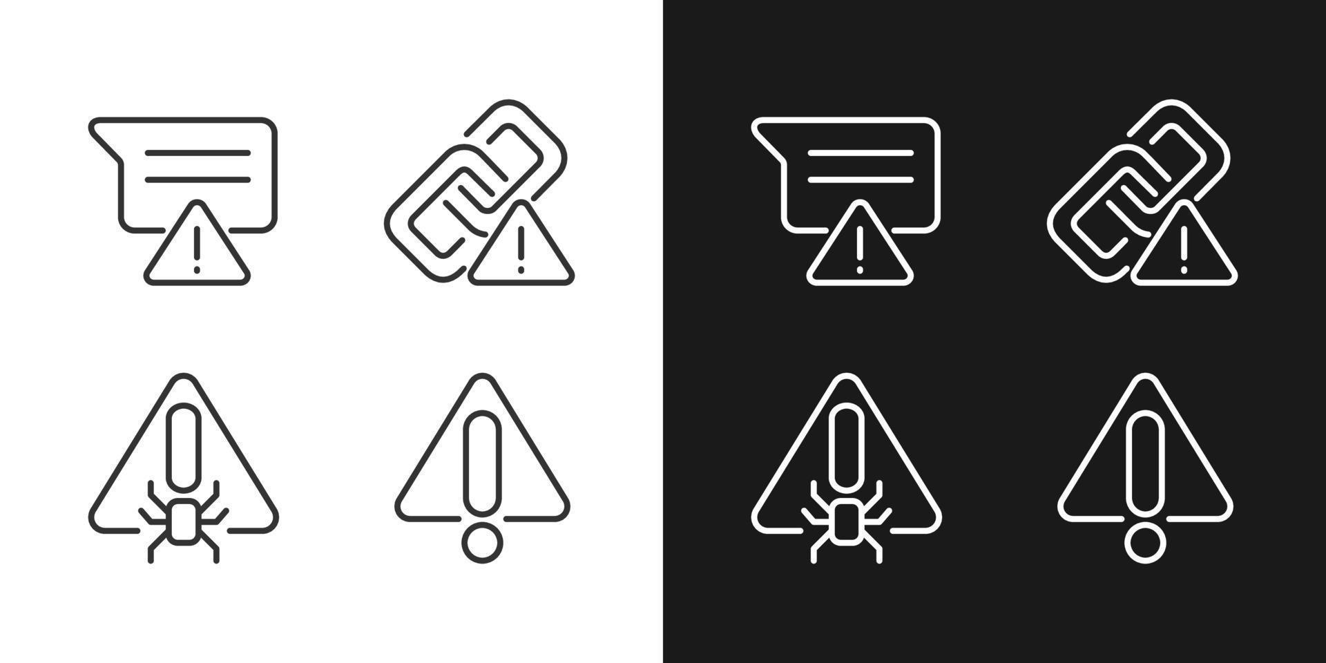 Computer problems pixel perfect linear icons set for dark, light mode. Warning signal. Hyperlink issue. Message is not sent. Silhouette symbols. Solid pictogram pack. Vector isolated illustration