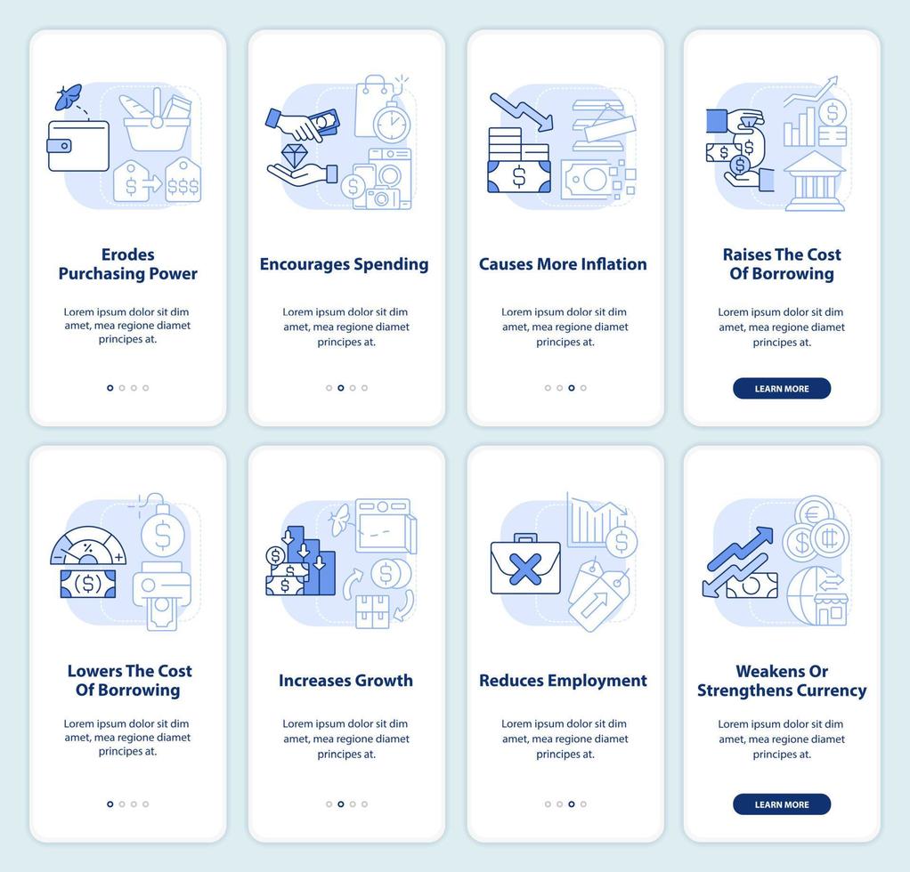 Inflation consequences light blue onboarding mobile app screen set vector