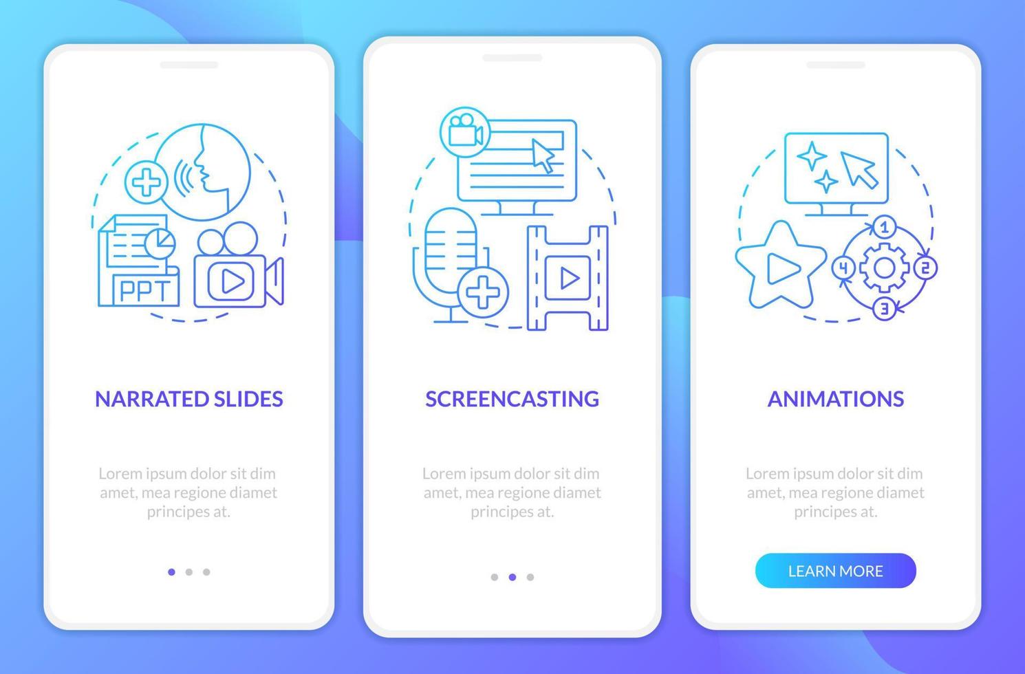 Online video methods blue gradient onboarding mobile app screen. Walkthrough 3 steps graphic instructions with linear concepts. UI, UX, GUI template. vector