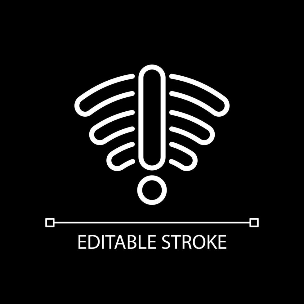 No internet connection white linear icon for dark theme. Check router and modem. Wireless network error. Thin line illustration. Isolated symbol for night mode. Editable stroke. vector