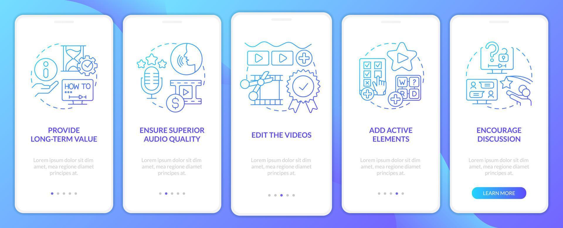 Elearning video tips blue gradient onboarding mobile app screen. Walkthrough 5 steps graphic instructions with linear concepts. UI, UX, GUI template. vector