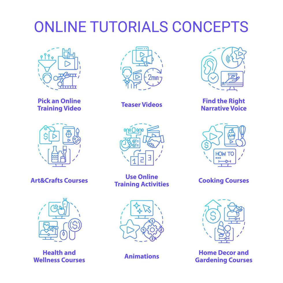 Online tutorials blue gradient concept icons set. Distant learning. Virtual education idea thin line color illustrations. Isolated symbols. vector