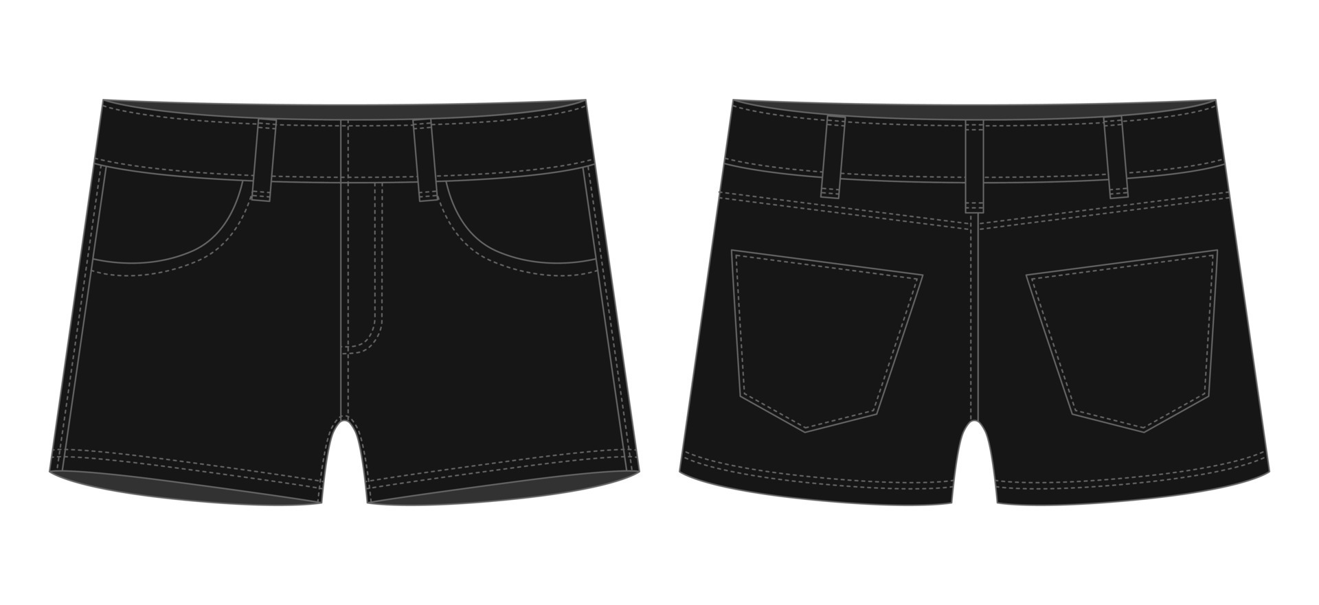 Denim short with pockets technical sketch. Black color. Kids jeans