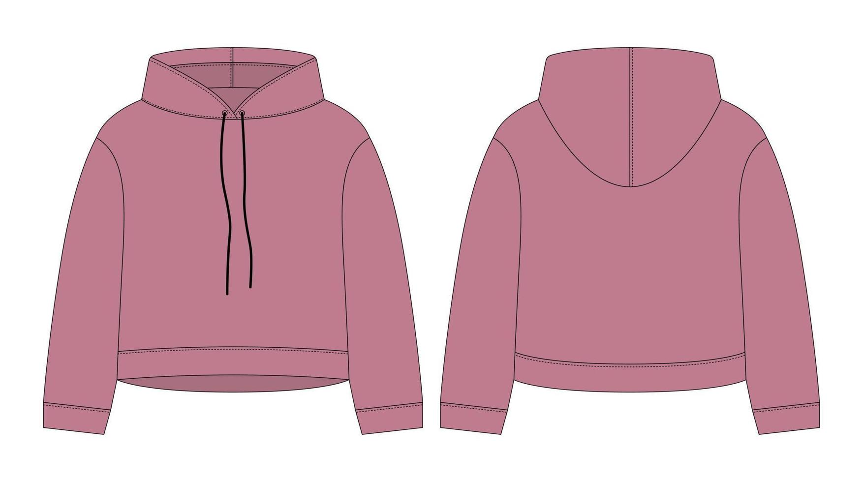 Women crop hoodie technical sketch. Pudra color. CAD mockup template hoody. vector