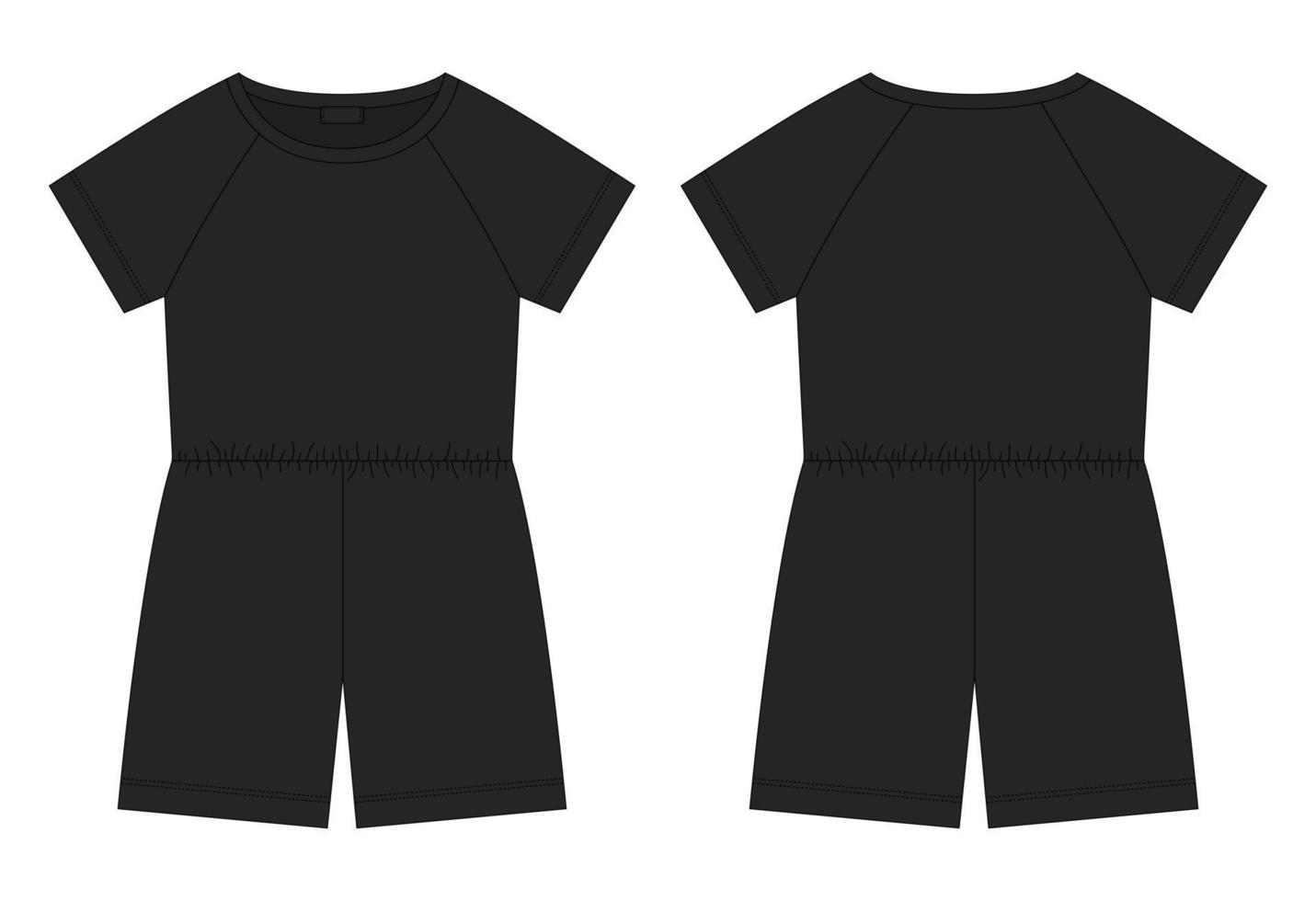 Cotton oversized raglan jumpsuit technical sketch. Black color. Women's romper design template. vector