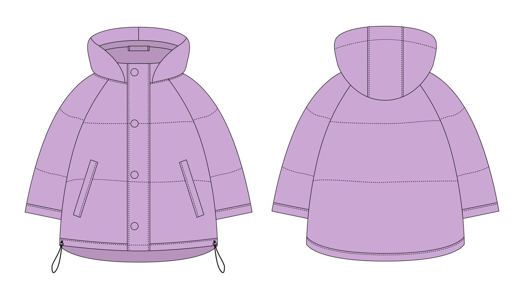 Ooversized raglan puffer winter down coat technical sketch. Pastel purple color. vector