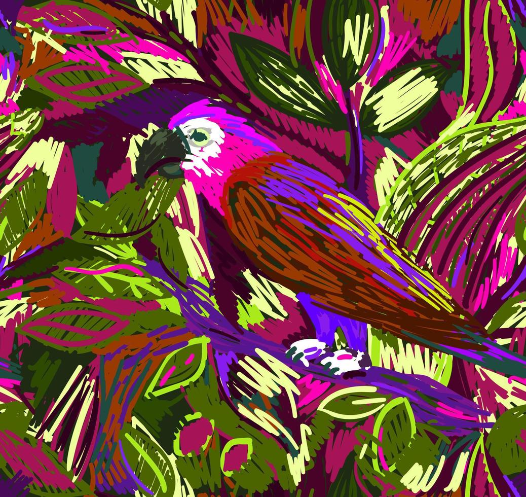 patrón tropical sin costuras dibujado a mano con loros y hojas tropicales. estampado animal abstracto. vector