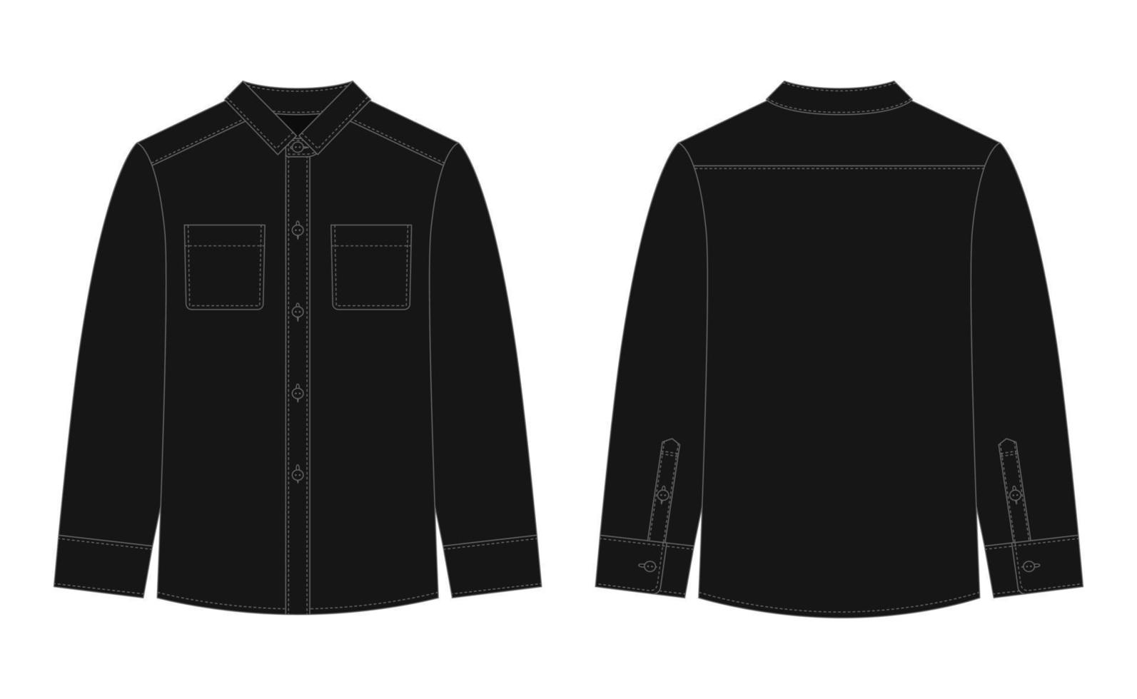 Blank shirt with pockets and buttons technical sketch. Black color. Unisex casual shirt mock up. vector