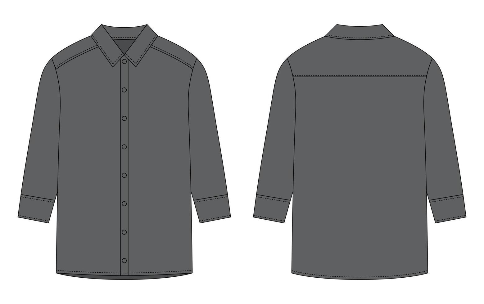 Oversized shirt with long sleeves and buttons technical sketch. Grey color. Unisex casual shirt mock up. vector