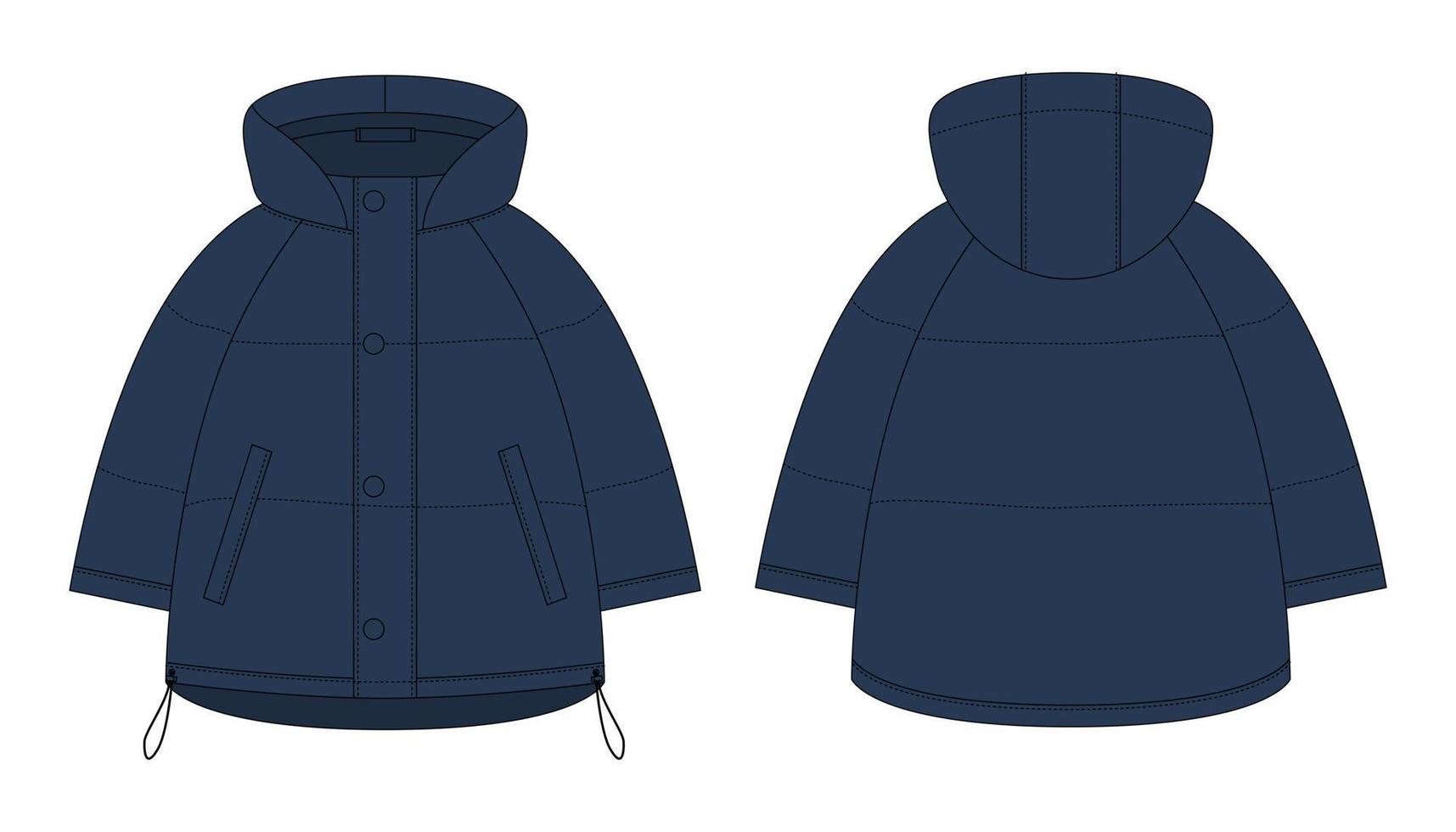 Ooversized raglan puffer winter down coat technical sketch. Dark blue color. vector