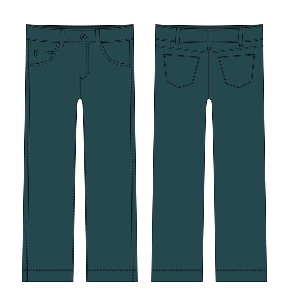 boceto técnico de jeans clásicos para niños. color verde oscuro ropa casual de mezclilla. vector