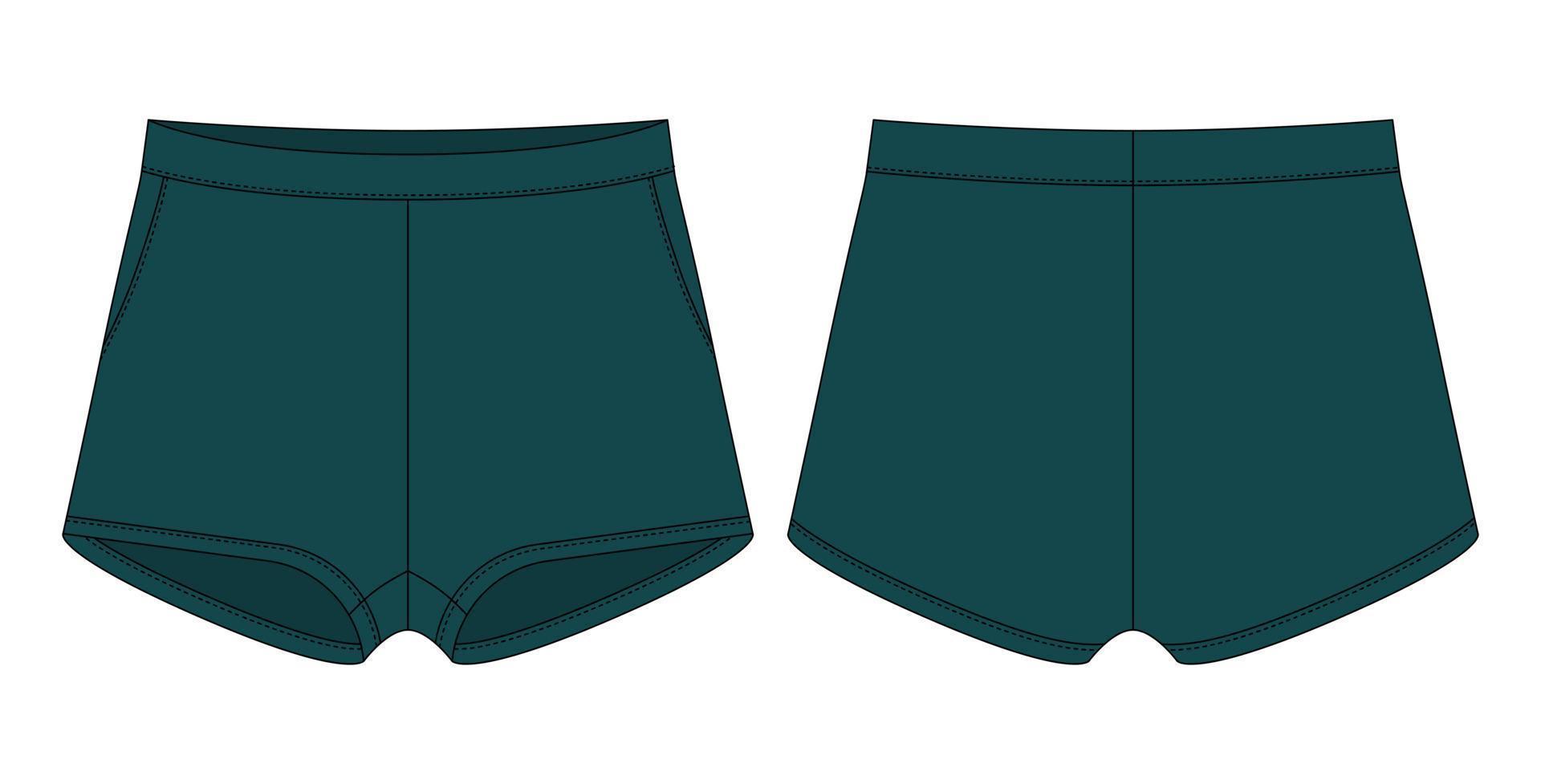 Blank shorts pants technical sketch design template. Dark green color. vector
