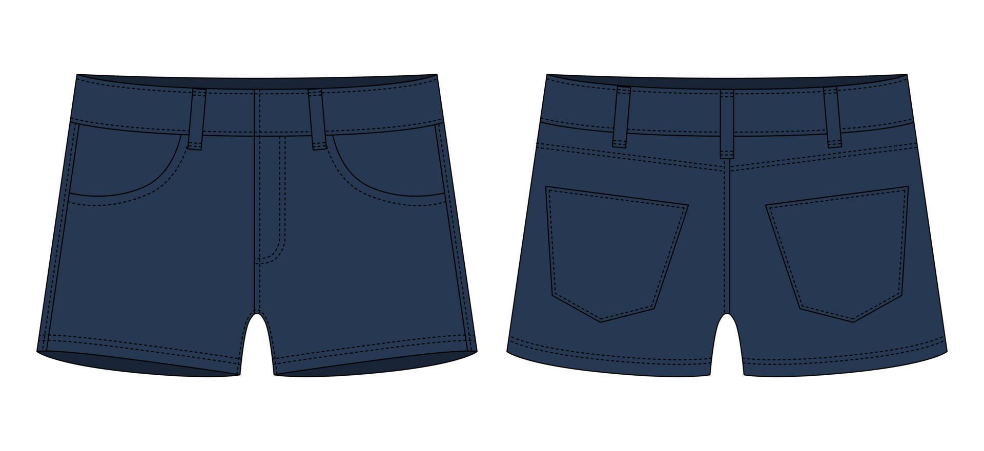 Denim short with pockets technical sketch. Dark blue color. Kids jeans shorts design template. vector