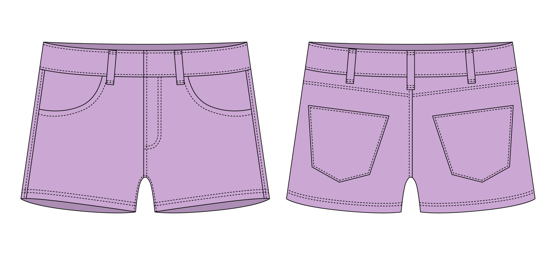 Denim short with pockets technical sketch. Pastel purple color. Kids
