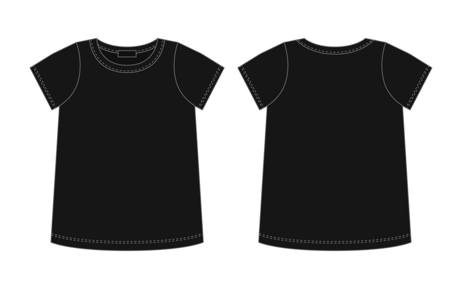 Blank t shirt technical sketch. Black color. Female T-shirt outline design template. vector